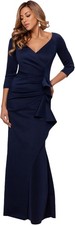 Xscape Womens Long 3/4 Sleeve V-Neck Side Ruched Gown Reg Petite Midnight 12P