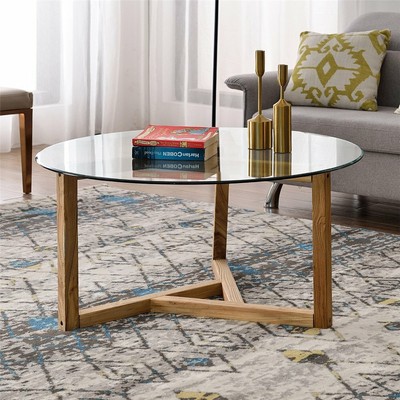 35 5 Round Glass Coffee Table Wooden Legs Living Room Guest - Round Glass Coffee Table With Wood Legs 35 5 Round Glass Coffee Table Wooden Legs Living Room Guest - Round Glass Coffee Table With Wood Legs