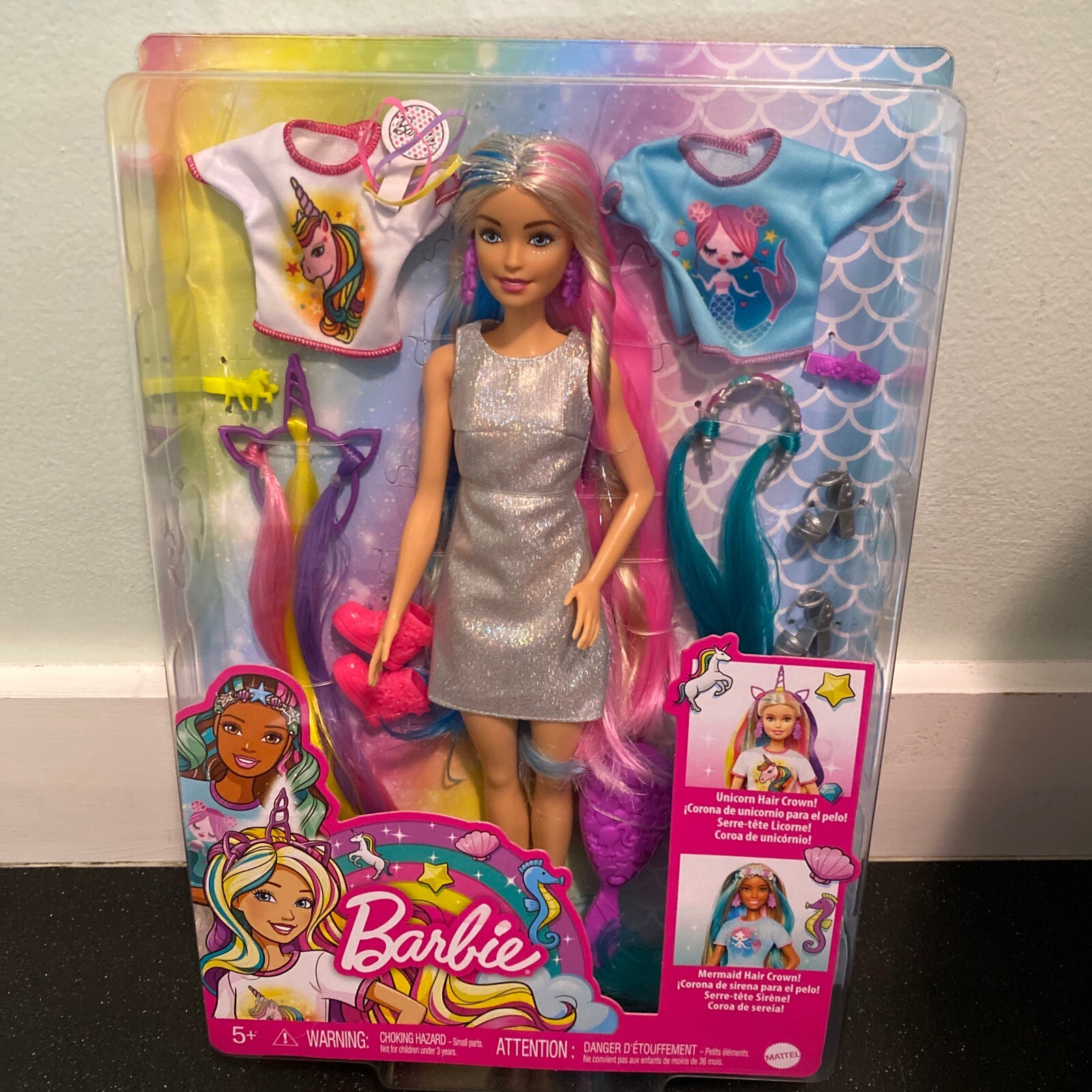 MATTEL BARBIE DOLL GHN04 FANTASY HAIR LOOK UNICORN + SIREN
