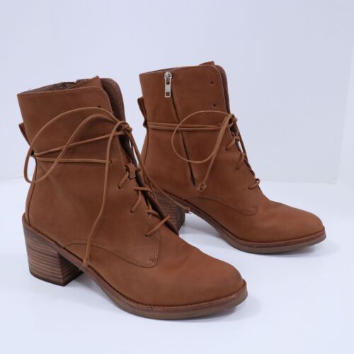 UGG Oriana Ankle Boots Womens 9 40 Lace-up Camel Brown Leather Block Heel - Afbeelding 1 van 12