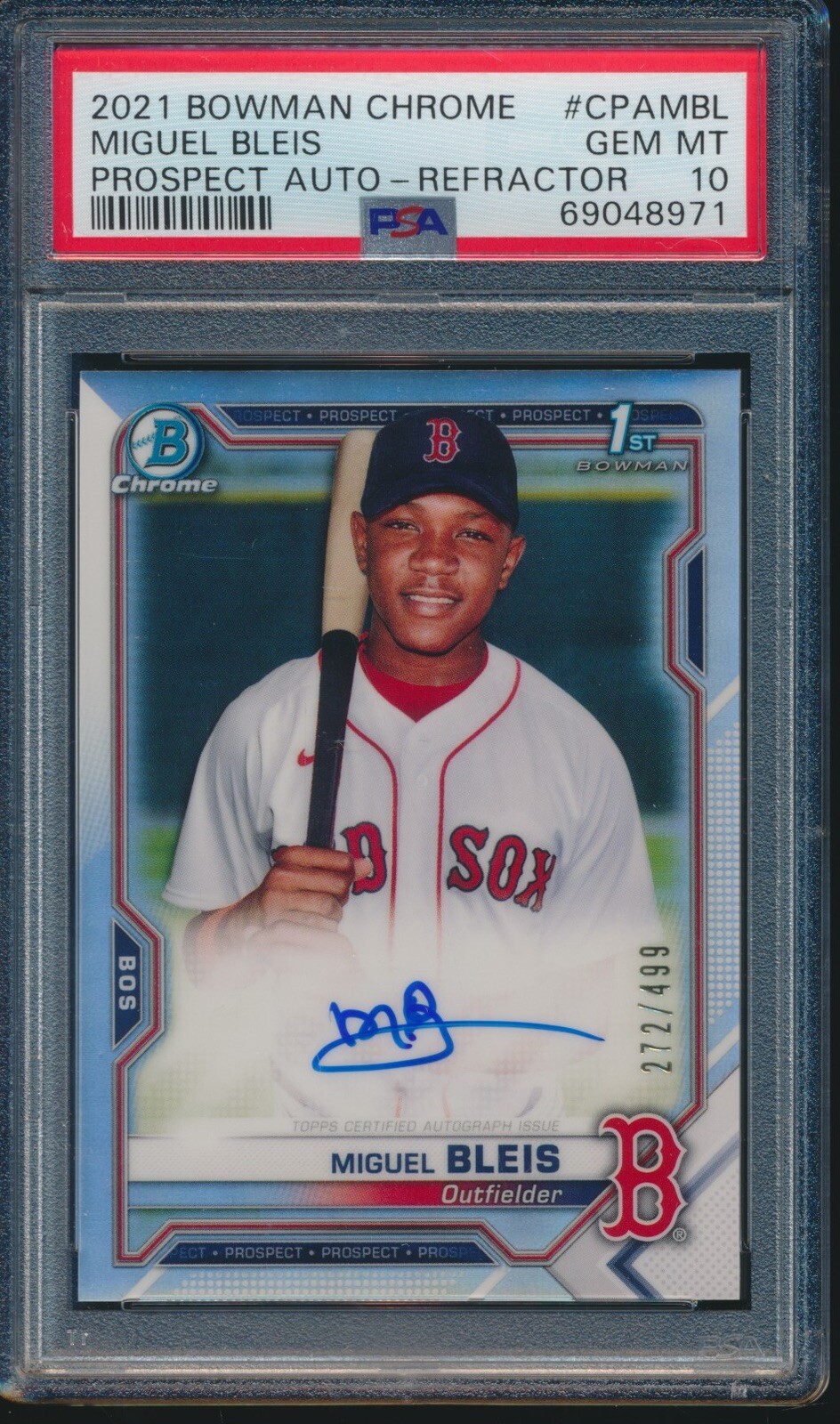 PSA 10 MIGUEL BLEIS AUTO 2021 Bowman Chrome REFRACTOR #/499 RED SOX RC GEM MINT