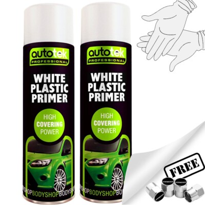 2 x Autotek WEISSE KUNSTSTOFFGRUNDIERUNG Sprühfarbe Dose Professionelle hohe Abdeckung + G + CP
