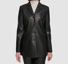 Calvin Klein Women's Black Four Button Faux-Leather Blazer Jacket Coat Size 12