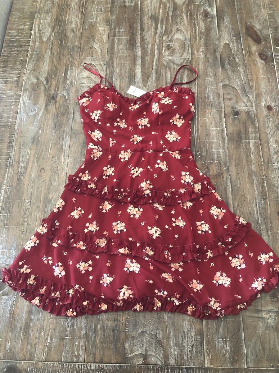 Francesca's Ruffle Floral A Line Dress Red XS
