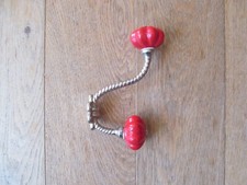 Vintage Style Double Coat Clothes Hook - Nickel Chrome with Red Ceramic Ends