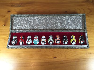 10 Miniature Chinese Opera Masks In A Display Box Painted Japanese Asian