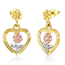 Wellingsale 14k Tri Color Gold Dia Cut Heart & Flower Earrings (13 X 20mm)