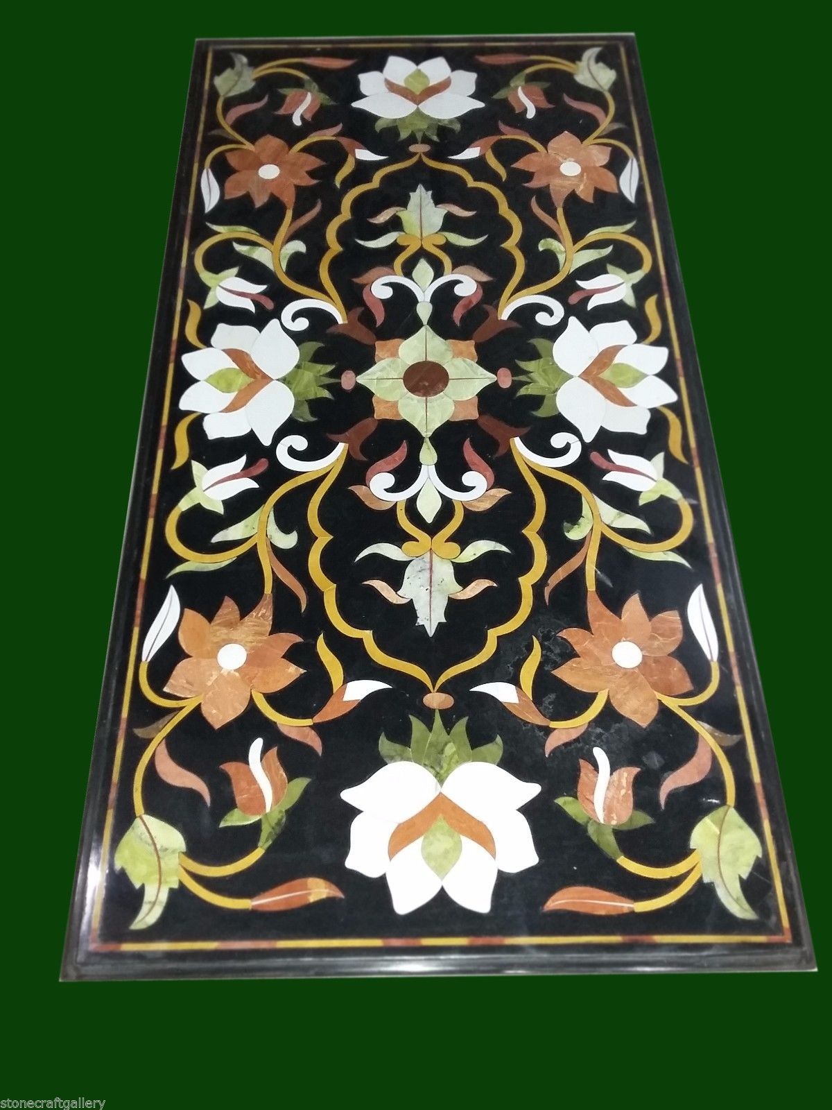48-Inch Black Marble Coffee Table Top with Stunning Pietra Dura Mosaic Inlay Design