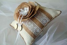 Rustic weddings burlap lace ring bearer pillow, handmade