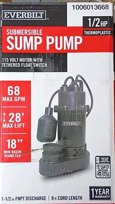 #ad Everbilt 1 2 HP Corrosion Resistant Aluminum Sump Pump w Teather Float Switch $75.99