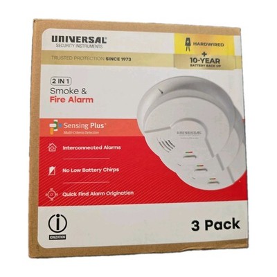 Universal Security Instruments 2 IN 1 SMOKE & FIRE ALARM HARDWIRED BATTERY 3-PK