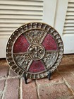 Round Metal Decorative Plate Red & Gold Fleur-de-Lis Pattern w/ Display Stand — photo 3
