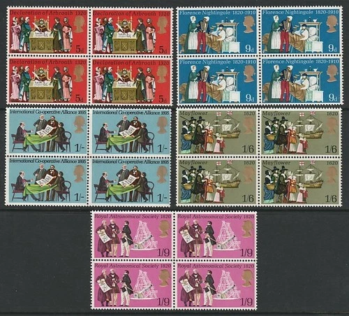 1970 ANNIVERSARIES SET OF 5 SG819/SG823 IN BLOCKS OF 4 UNMOUNTED MINT