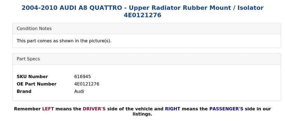 AUDI A8 QUATTRO 2004-2010 - Radiador superior montaje de goma/aislador 4E0121276 Foto 4 de 4