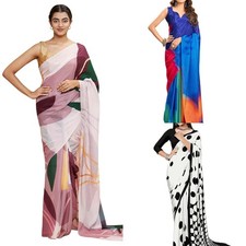 Women's Printed Silk Crepe Saree with Unstitched Blouse