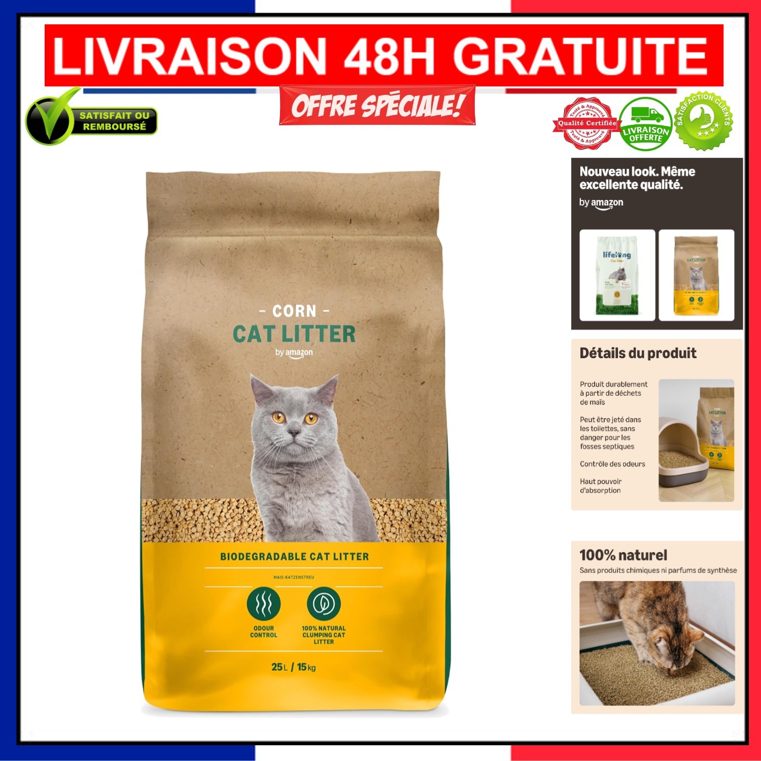 Litière naturelle pour chat sans parfum 25L litière végétale fosse septique