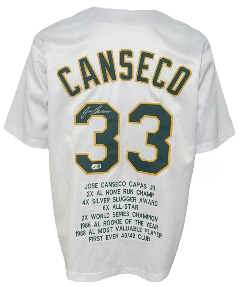 Oakland A's Jose Canseco Autographed Signed Pro Style White Stat Jersey BAS Authenti... 
