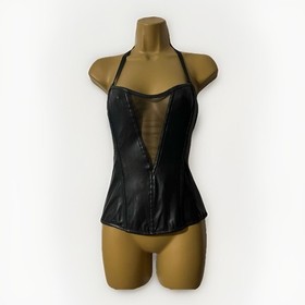 ANN SUMMERS WOMEN UK 16 Black Glossy Basque Corset Style Bodysuit Mesh BNWT Goth