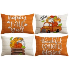 Fall Decorative Throw Pillow Covers 12x20 Inch Set of 4, Happy Fall Pumpkin T...