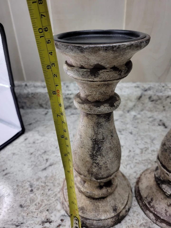 Rustic Distressed Wood Pillar Candle Holders Set of 2 - Image 4 of 4