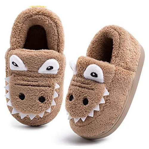 techcity Boys Girls Warm Fleece Slippers Dinosaur 5.5-6 Toddler Khaki-shoes