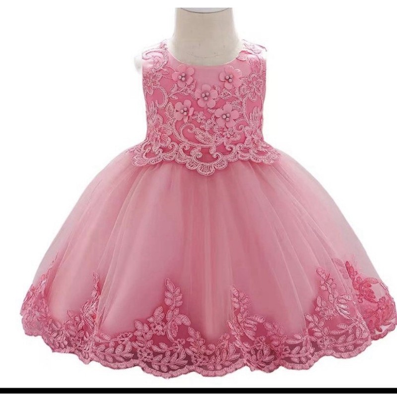 Girls Pink Sleeveless Floral Lace Tulle Fit & Flare Dress Bow Zip 70-90