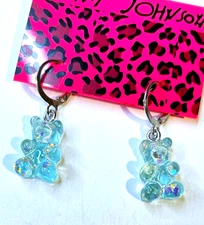 Sparkly TEDDY BEAR Blue Silver or Gold Hoop Betsey Johnson Dangle Earrings