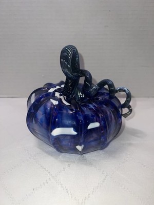 Luke Adams Studio Art Glass Cobalt Signed Pumpkin Figurine 5.5  Squat