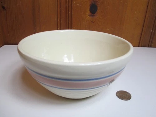 McCoy Pottery 7" Ribbed Mixing Bowl Pink Blue Bands Stripes Stoneware USA