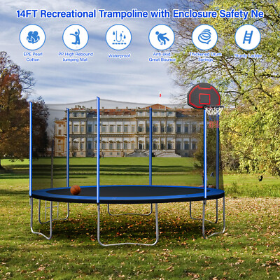 10 ft blue trampoline for kids and teens with enclosure net/ladder,L