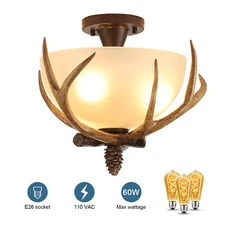 3-Light 60 Watts Antler  Glass Semi Flush Mount Fixture Ceiling Lighting Bronze