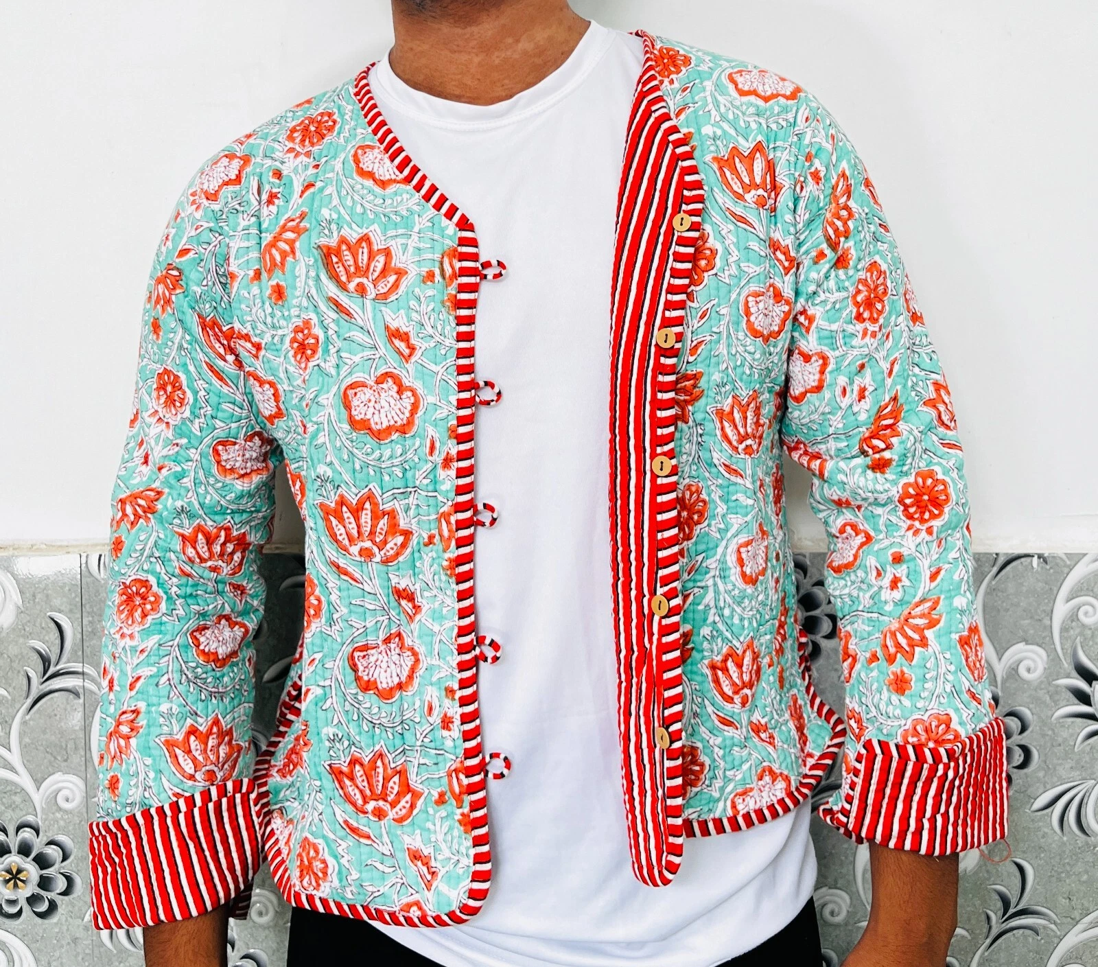 Indian Green Floral 100% Cotton Quilted Unisex Jacket Women's Clothing Jacket US