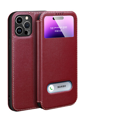 For iPhone 14 Pro Max 13 Pro Luxury Genuine Leather Window View Stand Case Cover