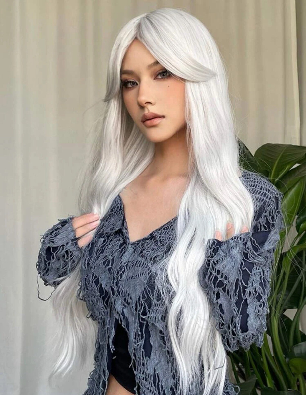 Perruque synthétique blanche longue et ondulée pour masquer la perte de cheveux - 3