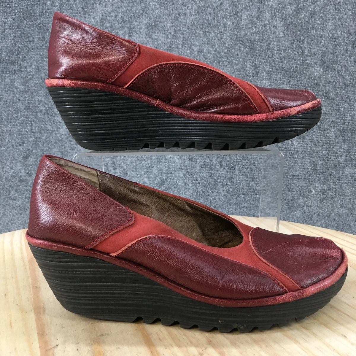 Fly London Shoes Womens 38 Yoni Red Wedge Platform Pumps P500576002 Red Leather