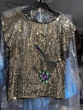 Vintage Gold Dressy Sequin Sparkly Top Silk Out Polyester In Sz S Flower Too 