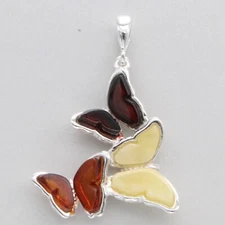 Multi-Color BALTIC AMBER Three Butterfly Pendant 925 STERLING SILVER #3159
