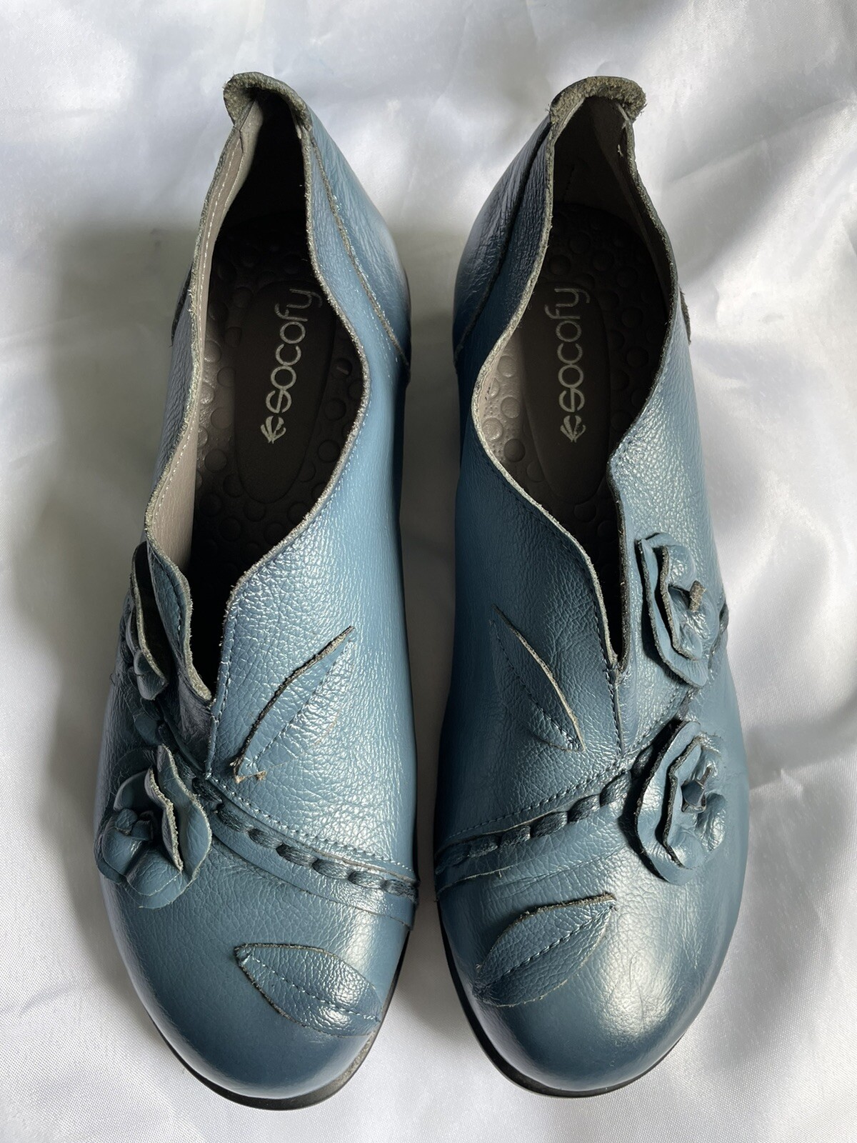 Women's Socofy  Genuine Leather Blue Petal Low Heel Non-Slip Shoes Size 8.5