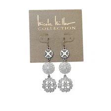 Nicole Miller Collection Silvertone Pierced Earrings Signed 2 1/2" New Msrp $60