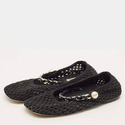 Miu Miu Size 38 Black Mesh Mary Jane Pearl Chain Embellished