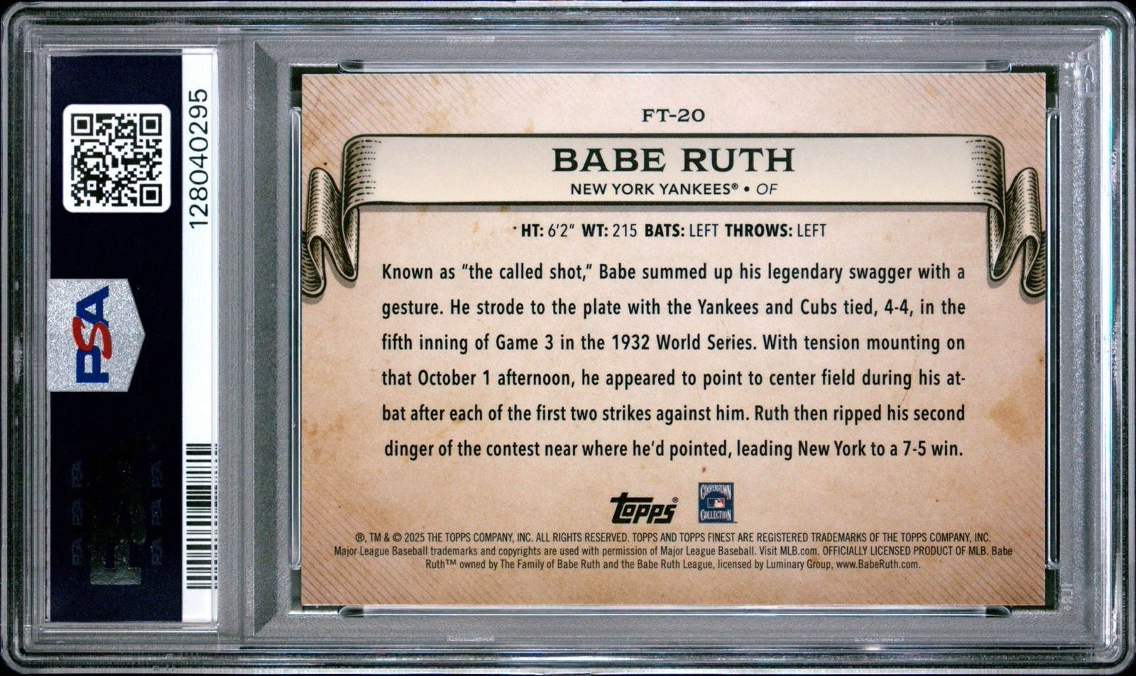 2025 FINEST BABE RUTH/125 FINEST TIMELINES-PURPLE REF LOW POP PSA 10 view 5