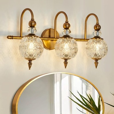 Vintage Bathroom Lights Fixtures Gold Vanity Light with Glass Globe LampShade...