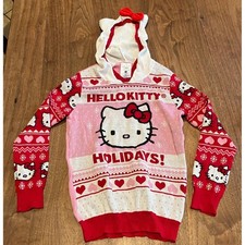 Hello Kitty Holidays Pink Red Fair Isle Hooded Sweater Kids XL Sanrio 3D Ears
