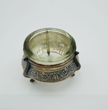 Vintage USSR Silverplated Ornate Salt/Mustard Cellar W Spoon Glass Holder 