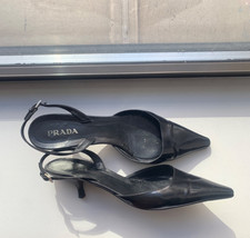 PRADA Black Leather  Slingback Pointed Toe Kitten Heel Size 9.5