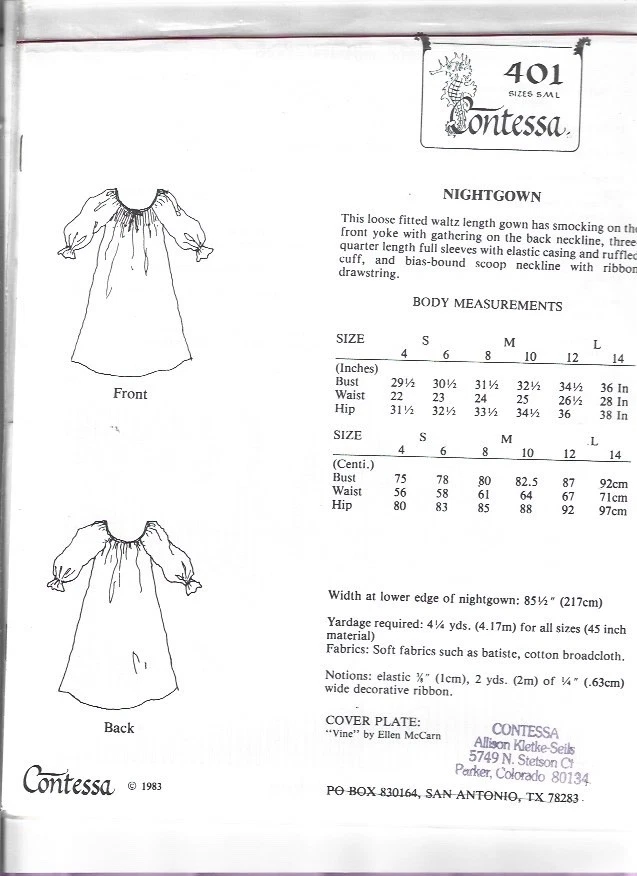 Contessa 401 Smocking Sewing Patterns for Women Nightgown Uncut - Image 2 of 2