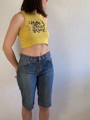Top Vintage Y2K Baby Tee Front Print Yellow Fitted Cotton Blend Women   S
