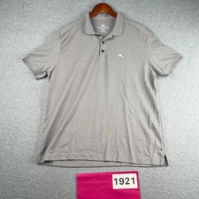 Tommy Bahama Polo Shirt Gray Striped Beach Casual Embroidered Fish Logo Medium