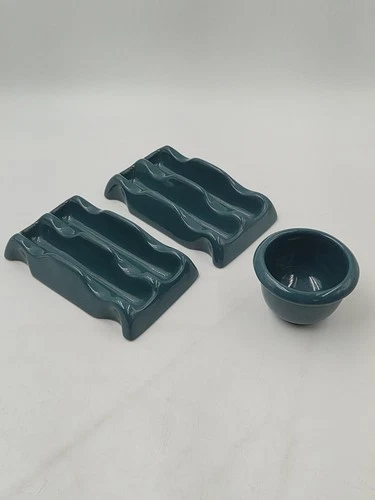 80s Frankoma VTG Taco Stand Tray Sauce Bowl Set Pottery Dish Teal Terra Cotta