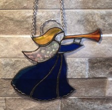 Stained Glass Sun Catcher Blue Angel w/Horn Ornament Handcrafted Suncatcher 6"